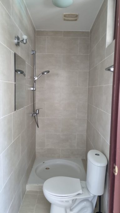Klein badkamer met douche en toilet, betegelde muren en lichte kleuren.