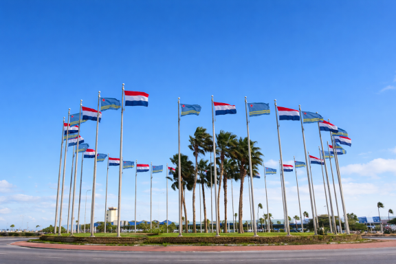 Rij van vlaggen op vlaggenmasten met palmbomen in de achtergrond tegen een blauwe lucht.