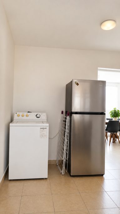 Wasmachine en koelkast staan naast elkaar in een lichte ruimte.